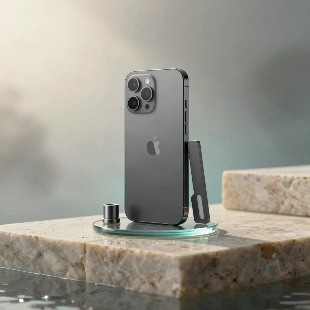 Matte graphite AI reply-kit stack on pale stone with mist, rain beads, and cyan rim light.