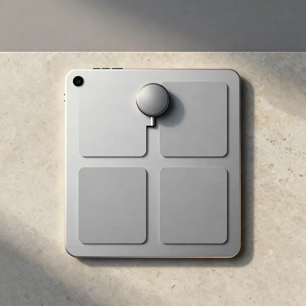 Overhead flatlay of a chatbot setup kit on pale stone with soft shadows.