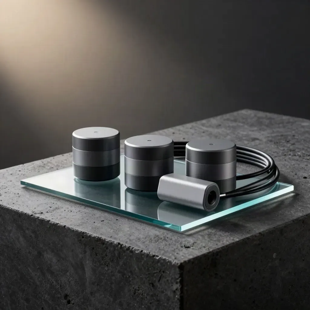 Dark dramatic product shot of a modular reply-bot bundle on concrete with blue rim light.