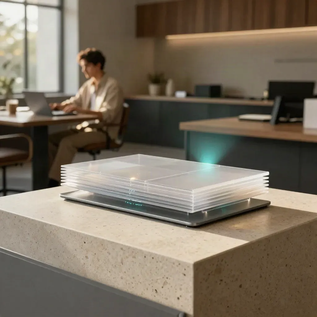 Analytics dashboard slab with translucent tiles and cyan glow in a modern studio setting