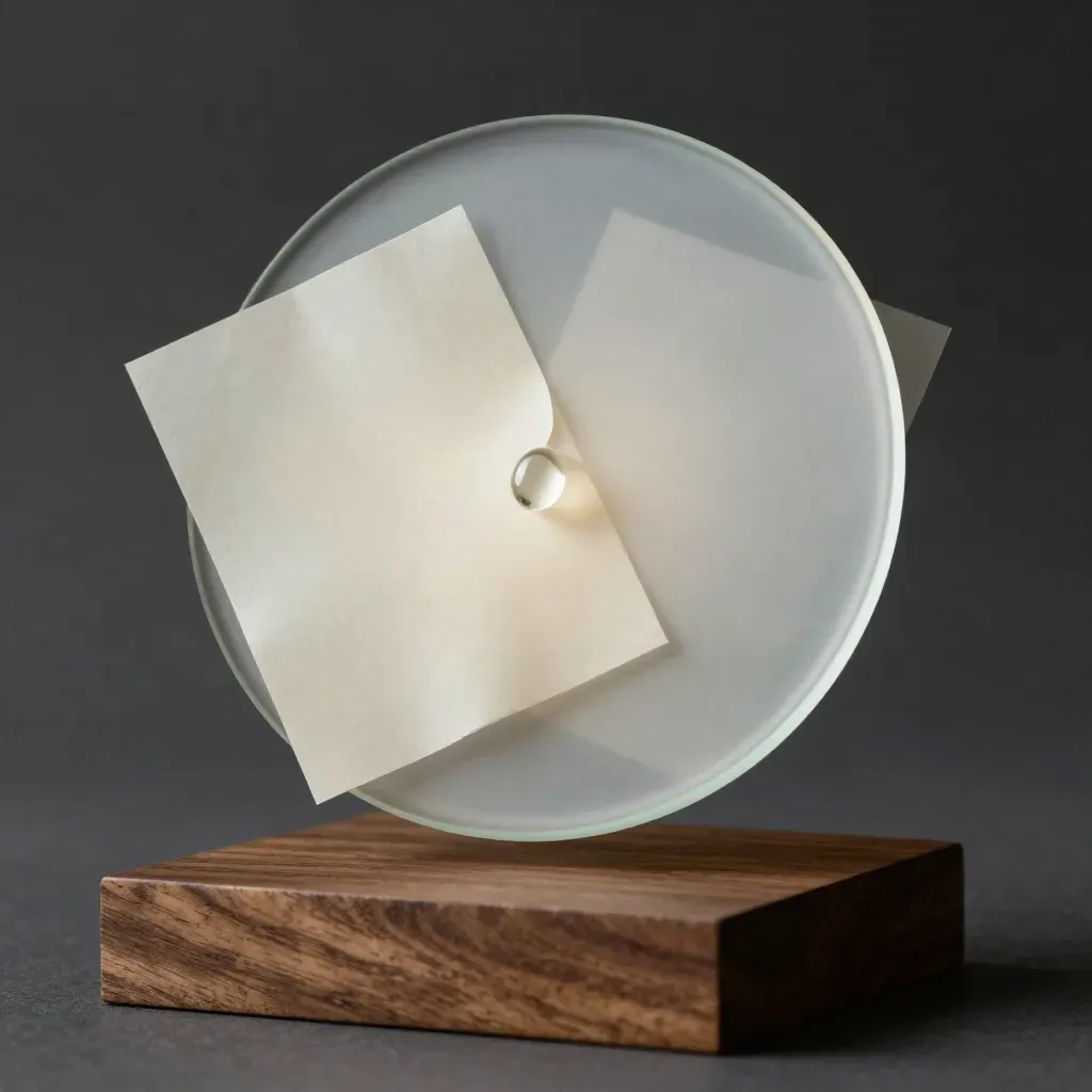 Frosted glass lead form kit with capsule and folded panels on dark walnut