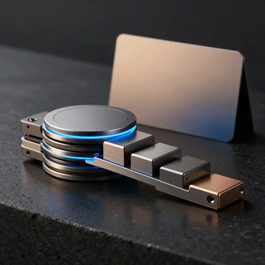 Dark dramatic product shot of a scheduler pack with timing discs and offset blocks in blue rim light.