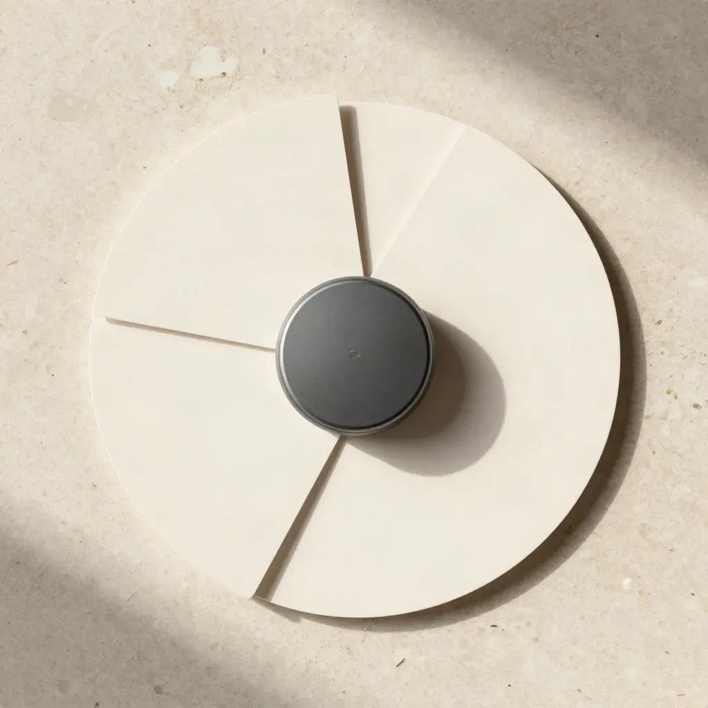 Overhead flatlay of a graphite FAQ assistant puck with two curved cards on travertine
