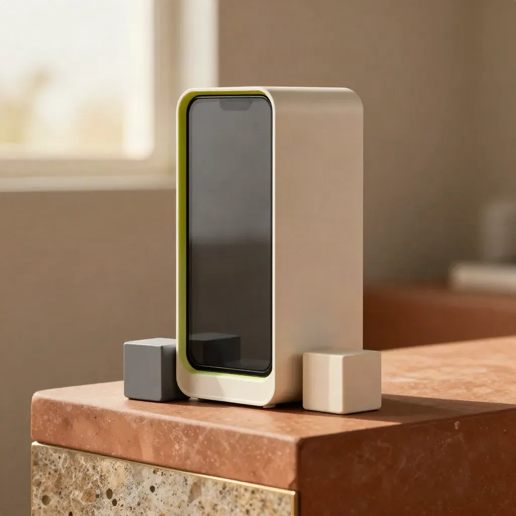 Buzz Bot FAQ widget tower with graphite and cream blocks on a terracotta plinth, lime rim light