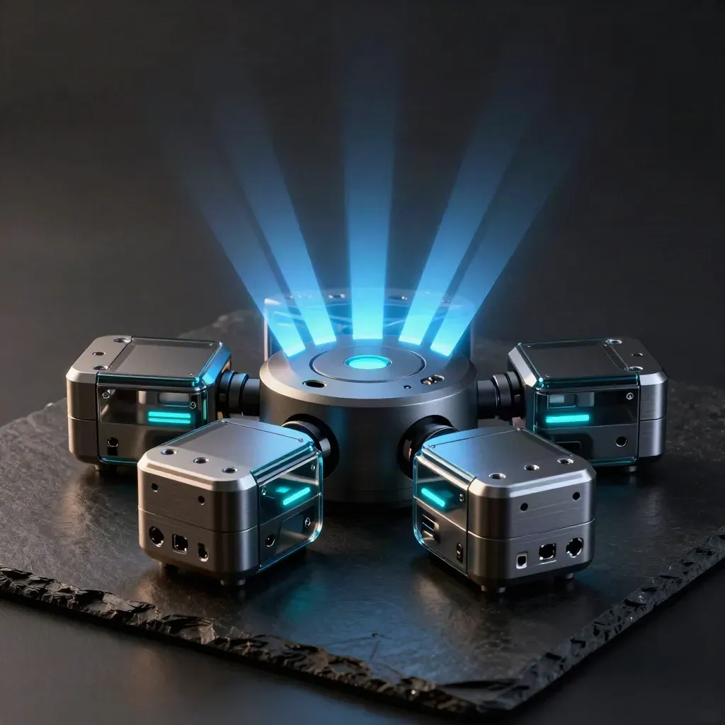 Graphite automation hub with four modules and blue light bars on a dark studio surface.