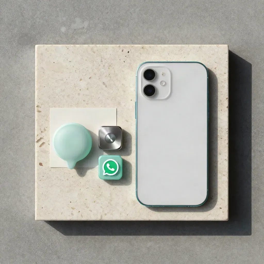 Top-down reply bot kit on travertine with phone slab, chat puck and signal tiles.