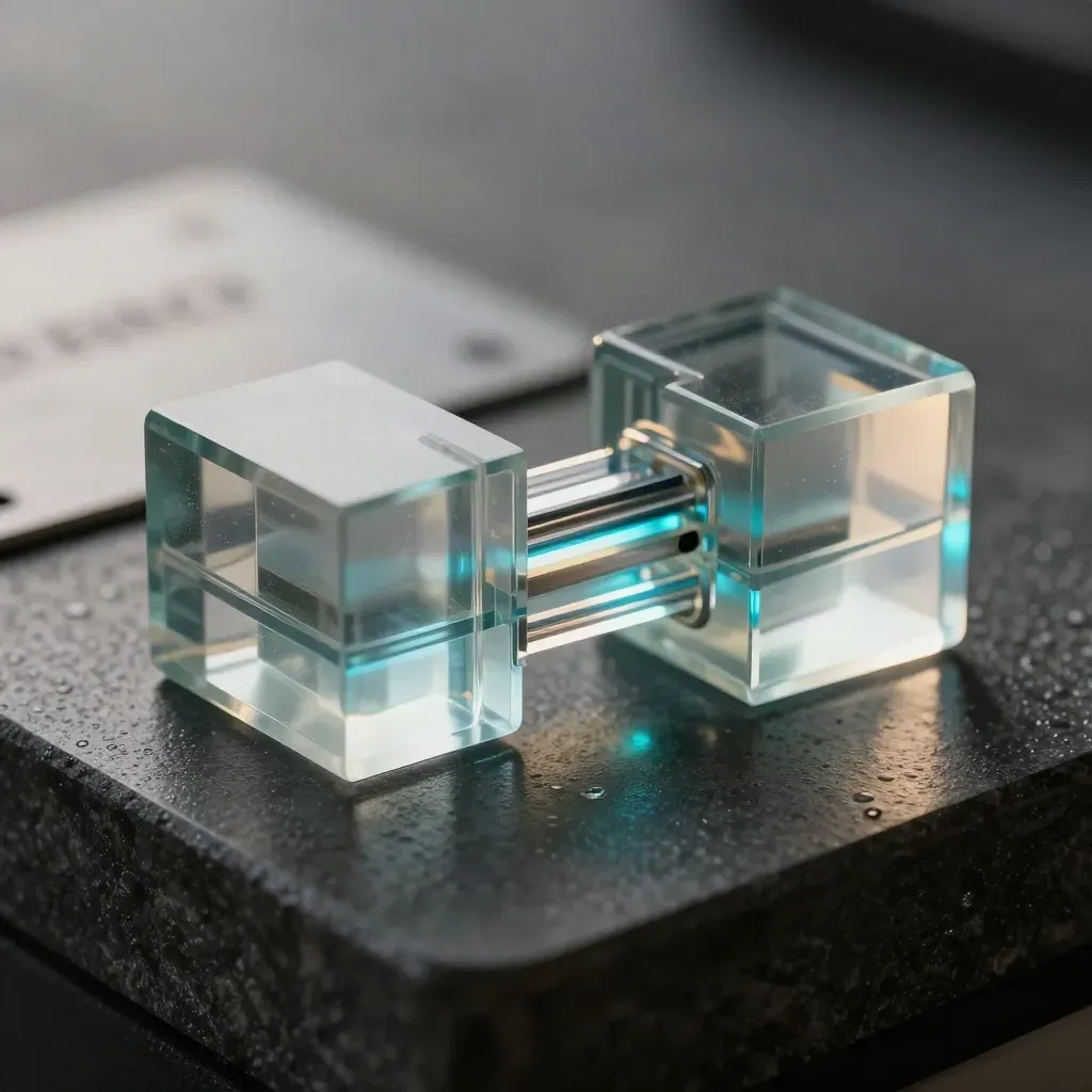 Macro smoked-glass client hub with cyan edge glow and mist on graphite stone.