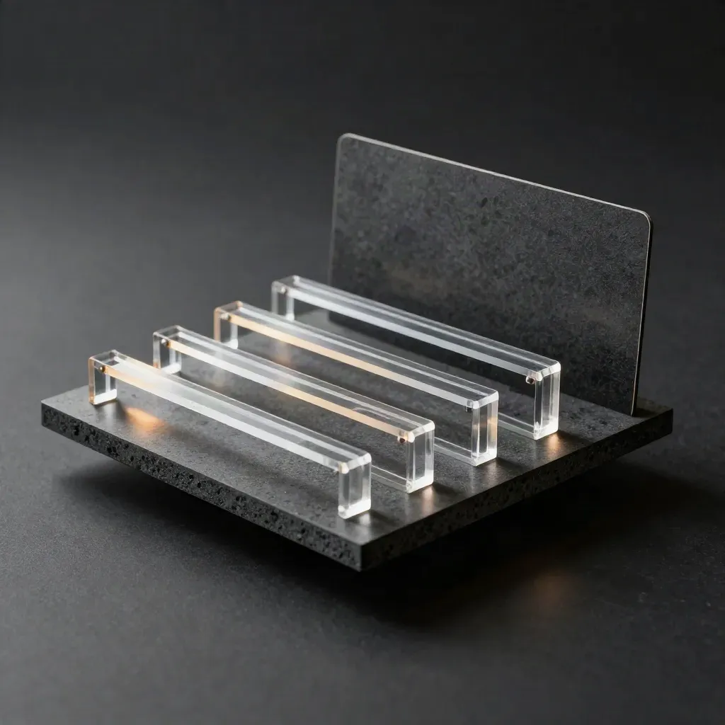 Staggered acrylic queue pack with graphite slab and four offset bars on black.