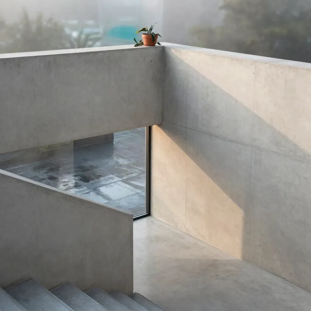 Brutalist stair landing in mist with wet pavement beyond and a small planter above.