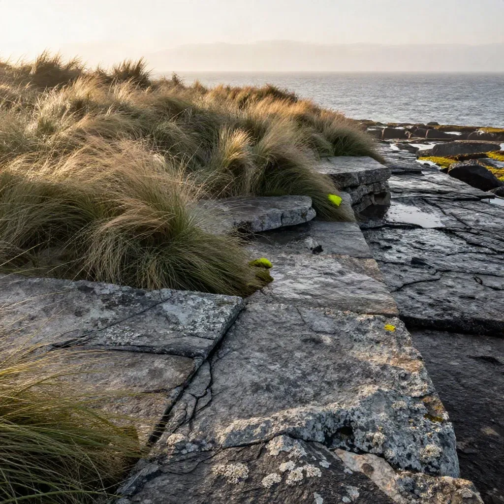 Wind-bent grass on a coastal stone terrace above misty sea at golden dusk.
