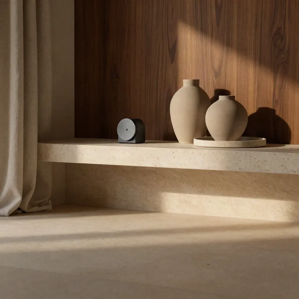 Warm walnut shelf corner with ceramic forms, soft curtain, and calm copy space.