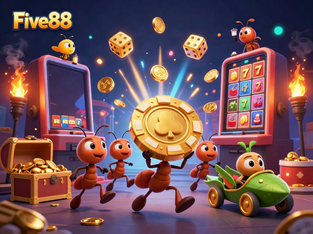 Engaging scene featuring Five88 ants heisting a golden poker chip amidst explosive casino-themed elements.