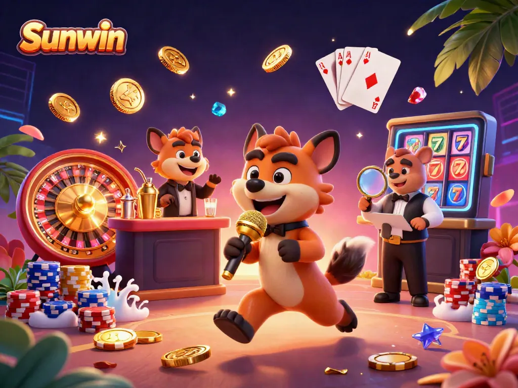 Sunwin casino scene with vibrant hyenas in a comedy club, showcasing gaming elements.