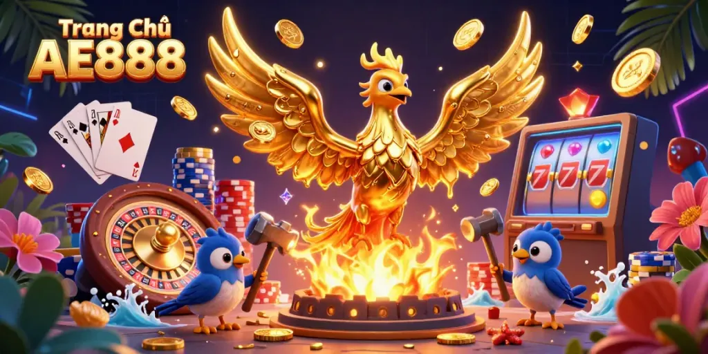 Engage with the vibrant casino world of Trang Chủ AE888 featuring a molten gold phoenix amidst dynamic gaming elements.