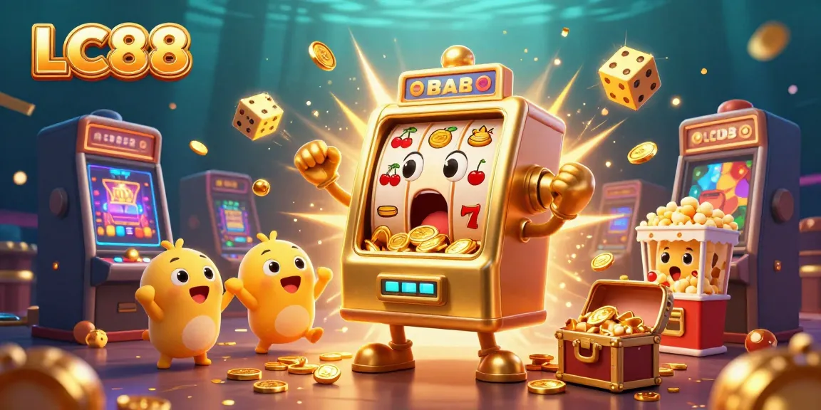 LC88 slot machine celebrating a jackpot, surrounded by coins and casino elements.
