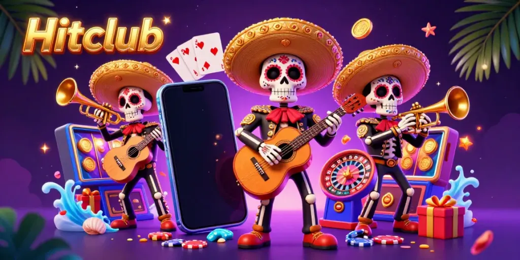 Experience excitement with Hitclub at this vibrant 3D casino scene featuring lively slot games.