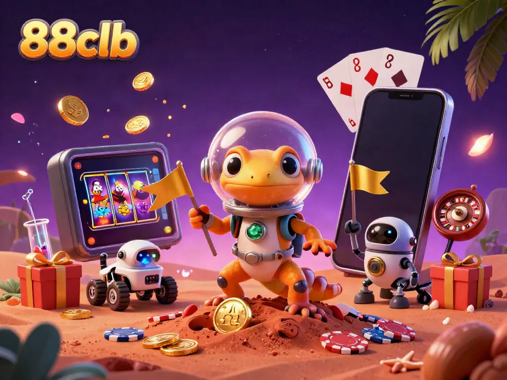 Experience the excitement of 88clb with a Martian gecko discovering a golden casino in a vivid alien environment.