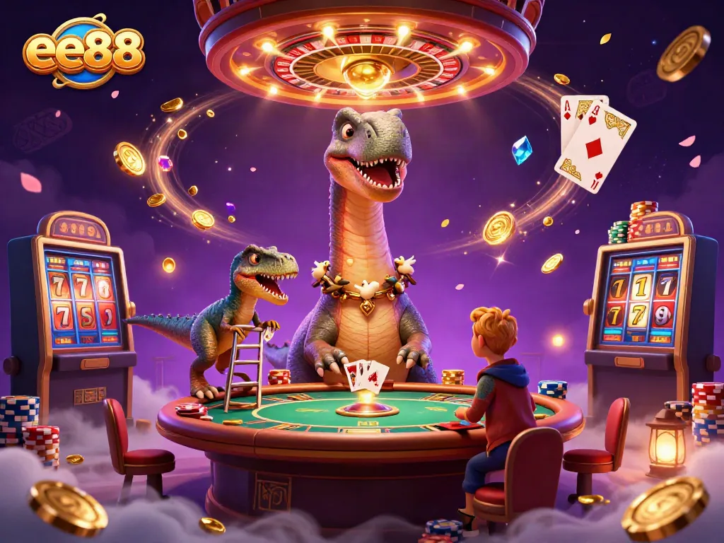 ee88 casino themed illustration featuring a giant brontosaurus with a raptor dealer, vibrant action-packed elements