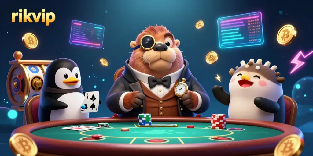 Engage in thrilling poker action at rikvip with a jolly walrus, savvy penguin dealer, and a bluffing pufferfish in vibrant underwater casino.