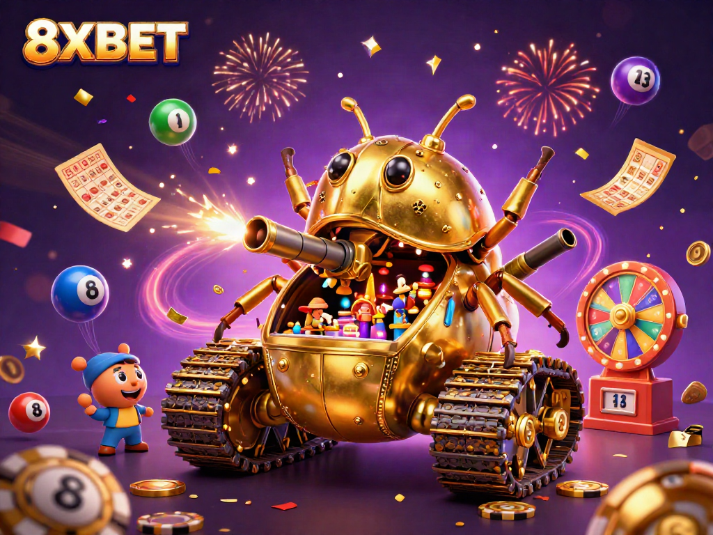 Engage in thrilling gaming with the ultra-detailed 3D illustration of 8XBET's colorful casino world.