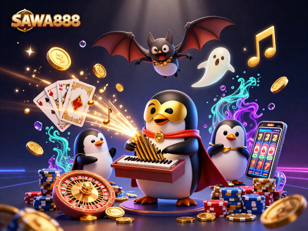 SAWA888 players enjoy vibrant slots surrounded by golden coins and dynamic casino elements.