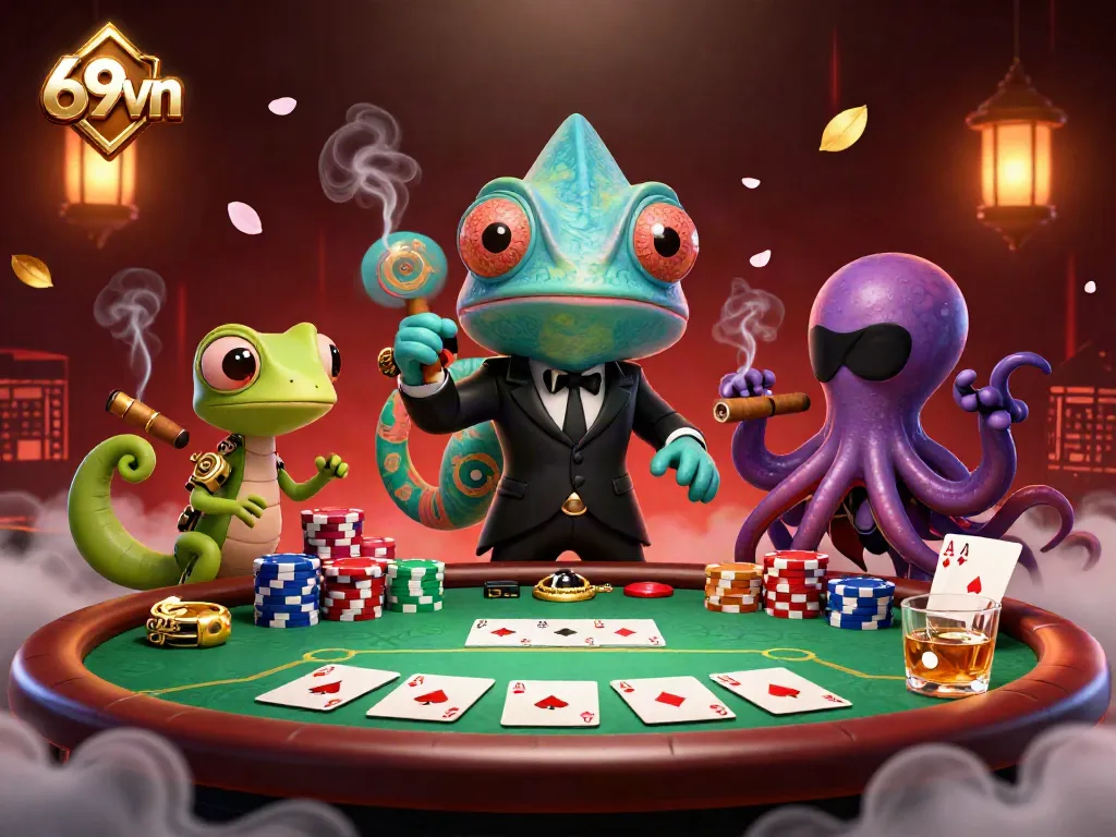 Experience thrilling poker action with the vibrant 69vn characters in a dynamic gambling scene.