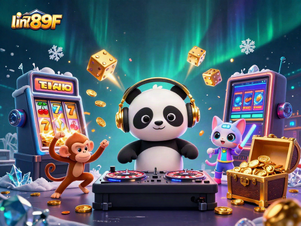 Experience an exciting scene with the charming characters of the link 789F casino, including a DJ panda, breakdancing monkey, and rave kitten.