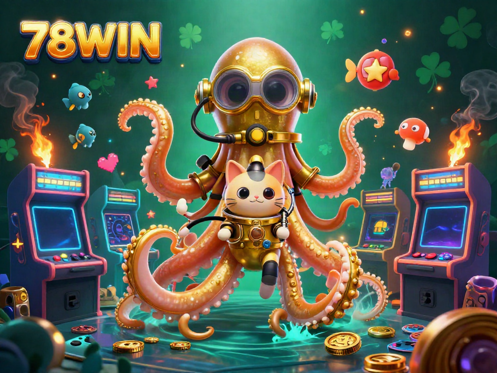 Engage with immersive 3D visual of 78WIN featuring a kraken and diving cat amid bright casino games.