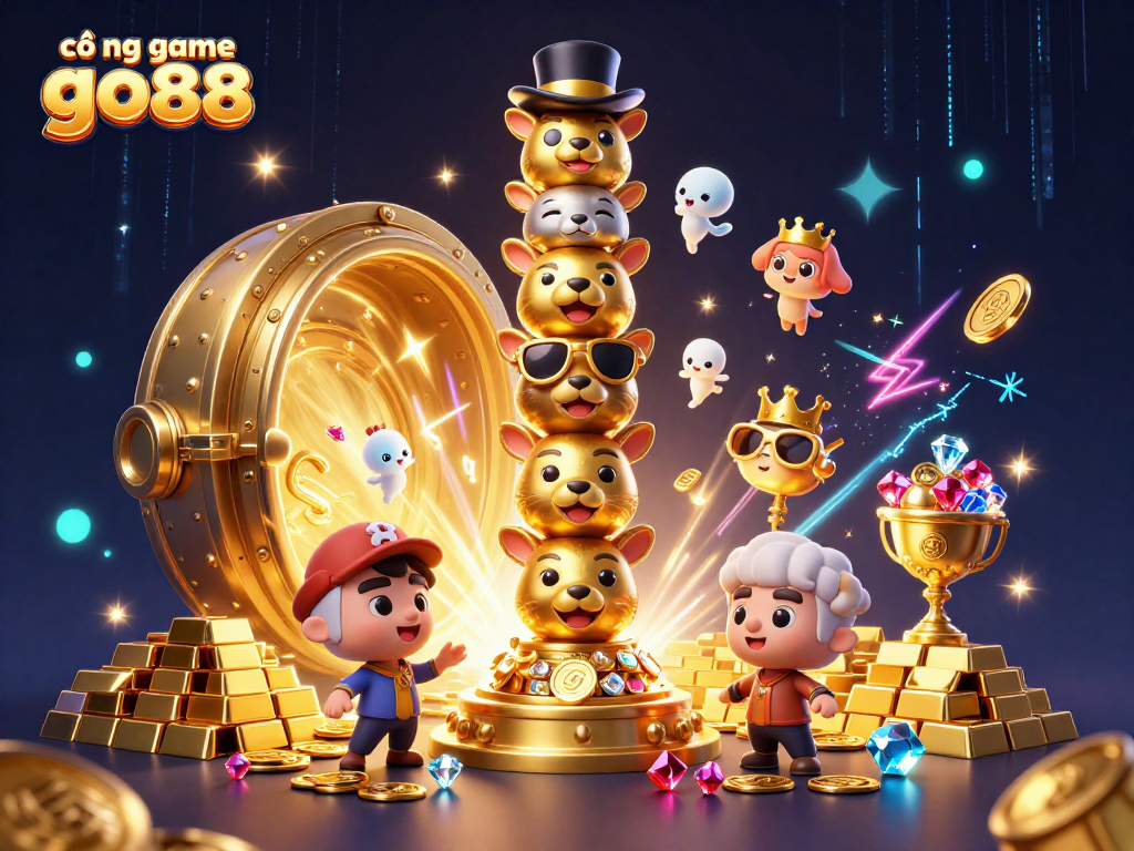 Experience the thrill of cổng game go88 with dynamic casino-themed 3D illustration showcasing vibrant characters and rich gaming elements.