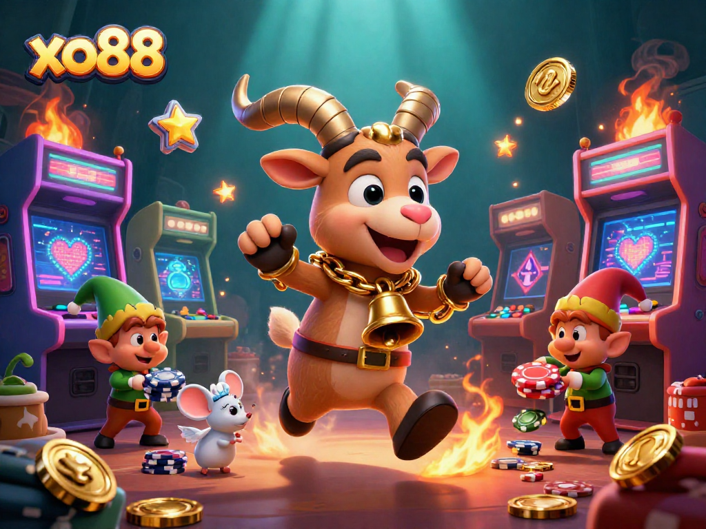 Engage at xo88 with an exciting casino scene featuring a Krampus goat and angelic mouse in a festive environment.