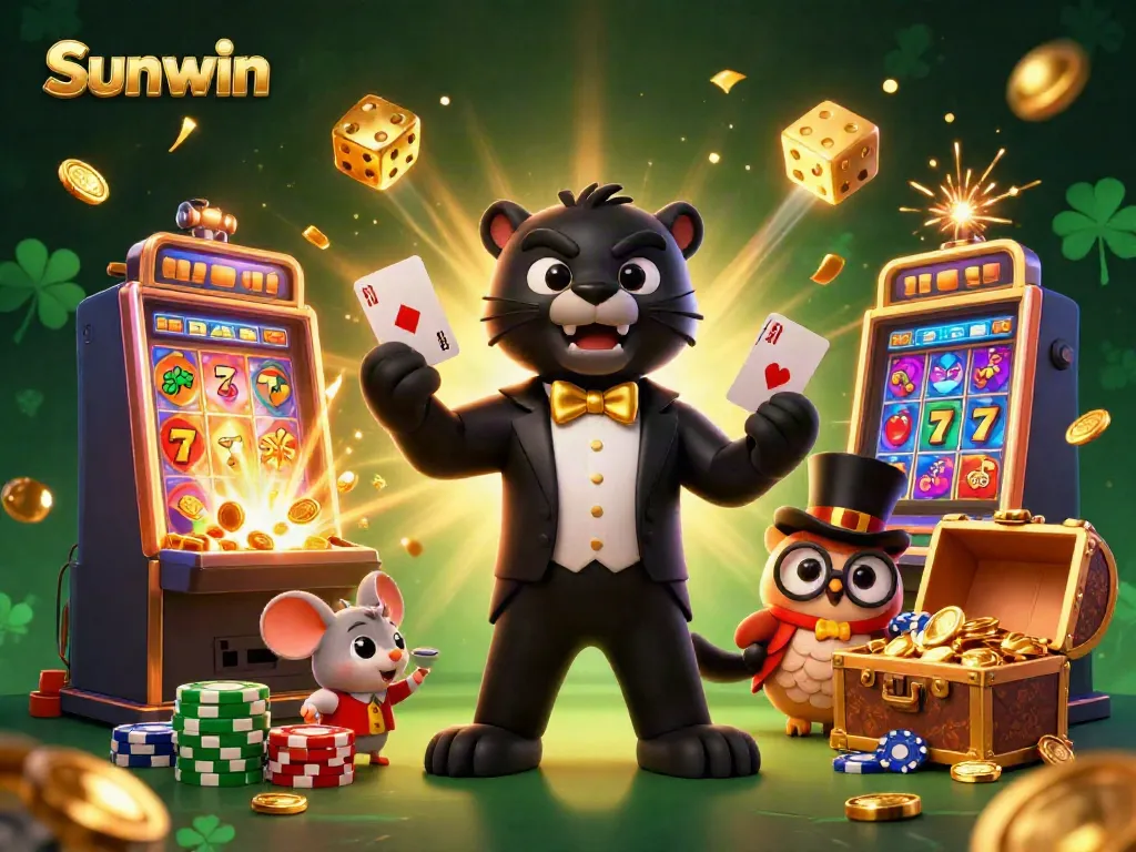 Sunwin showcases a vibrant illustration featuring a stylish panther, owl, and mouse in a lively casino setting.