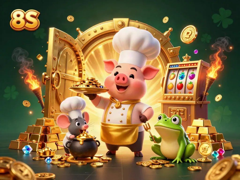 Experience the thrill of 8S casino slots with vibrant gold coins, characters, and dynamic elements.