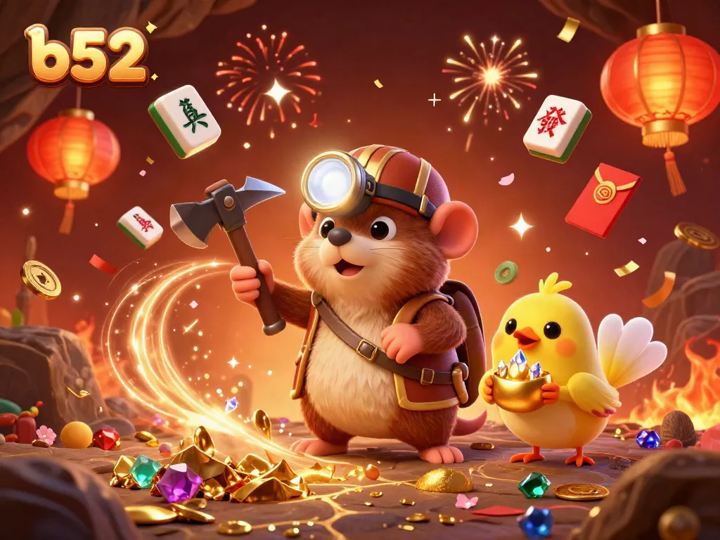 Engage in thrilling gambling action with b52's vibrant casino scene featuring treasure hunter and lucky symbols.