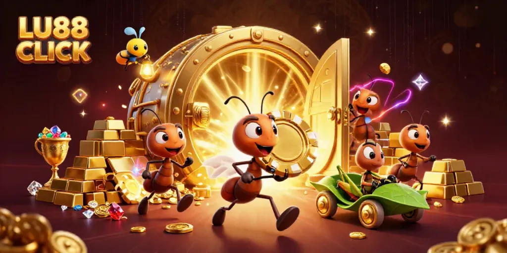 Engaging scene depicting LU88 CLICK with ants heisting a giant poker chip and vibrant casino elements.