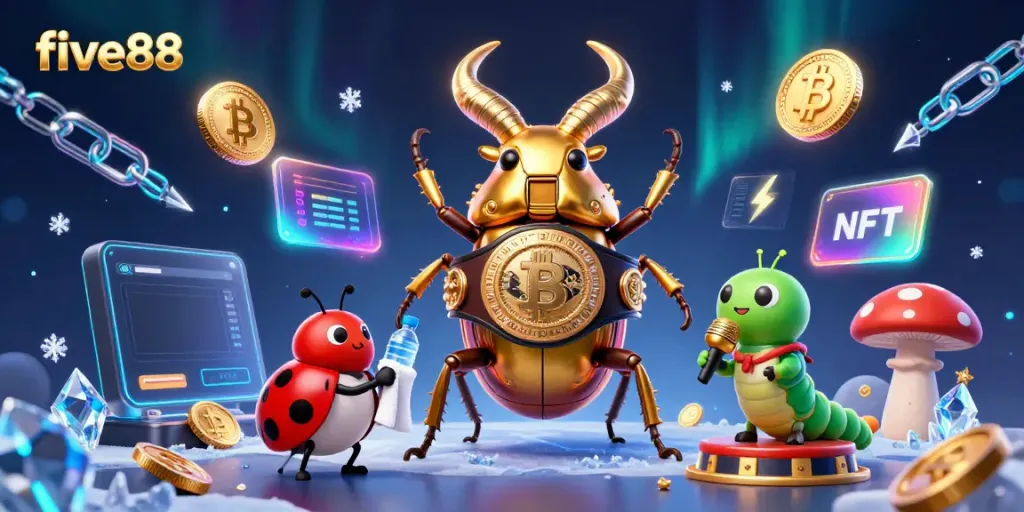 Experience five88's dynamic casino scene with cartoon characters and crypto gaming elements.