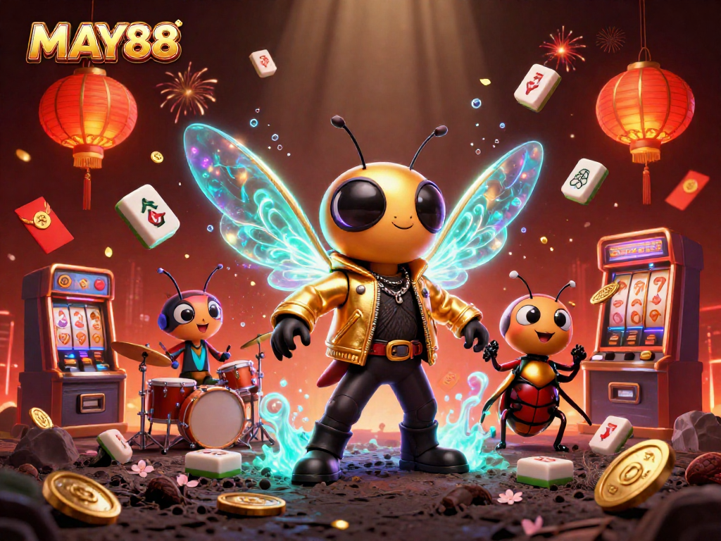 MAY88 brings excitement with a vibrant 3D casino scene featuring a cicada rock star and immersive game elements.