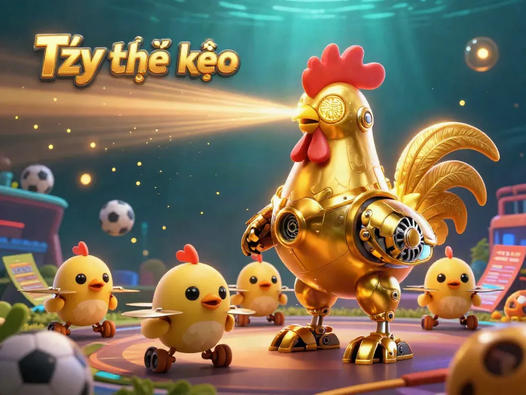 Engage with Tỷ lệ kèo sports betting dynamics with a golden rooster robot and baby chick drones in a lively illustration.