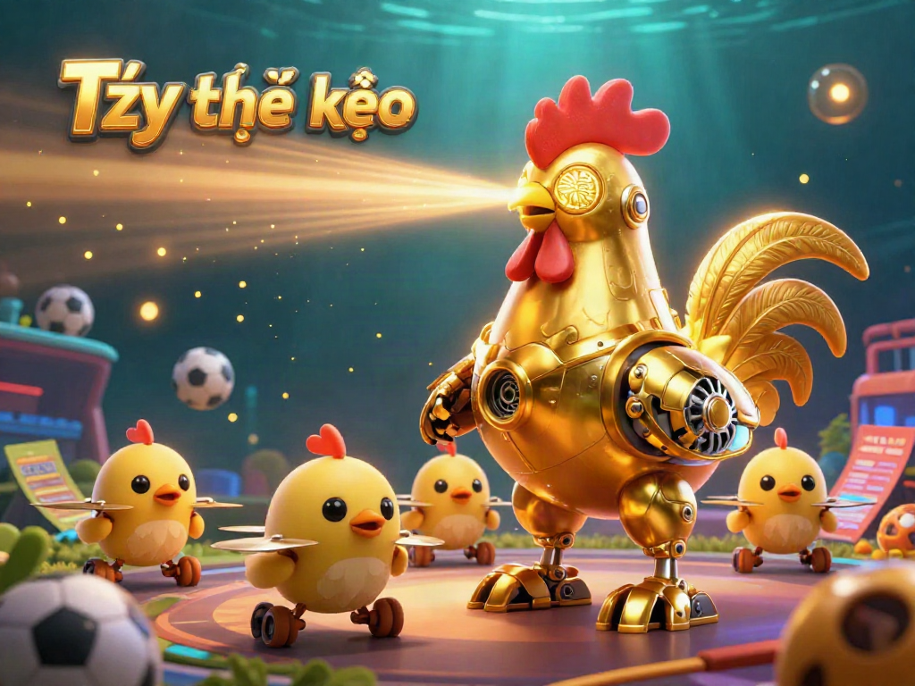 Engage with Tỷ lệ kèo sports betting dynamics with a golden rooster robot and baby chick drones in a lively illustration.