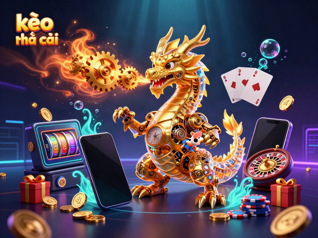 Engage in kèo nhà cái with an enchanting dragon breathing gears, surrounded by gambling elements.