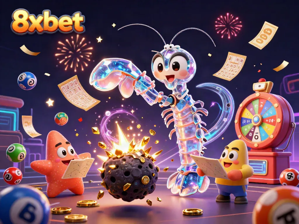 Experience the exciting world of 8xbet with dynamic animated casino elements and colorful lottery games.
