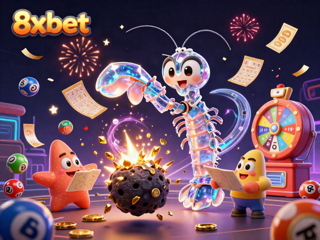 Experience the exciting world of 8xbet with dynamic animated casino elements and colorful lottery games.