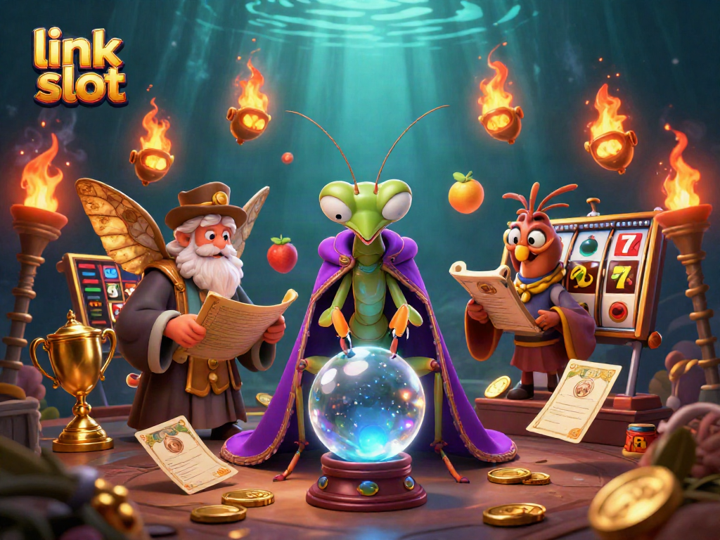 Engage with link slot excitement through a dynamic scene showcasing colorful slot reels and mystical characters.