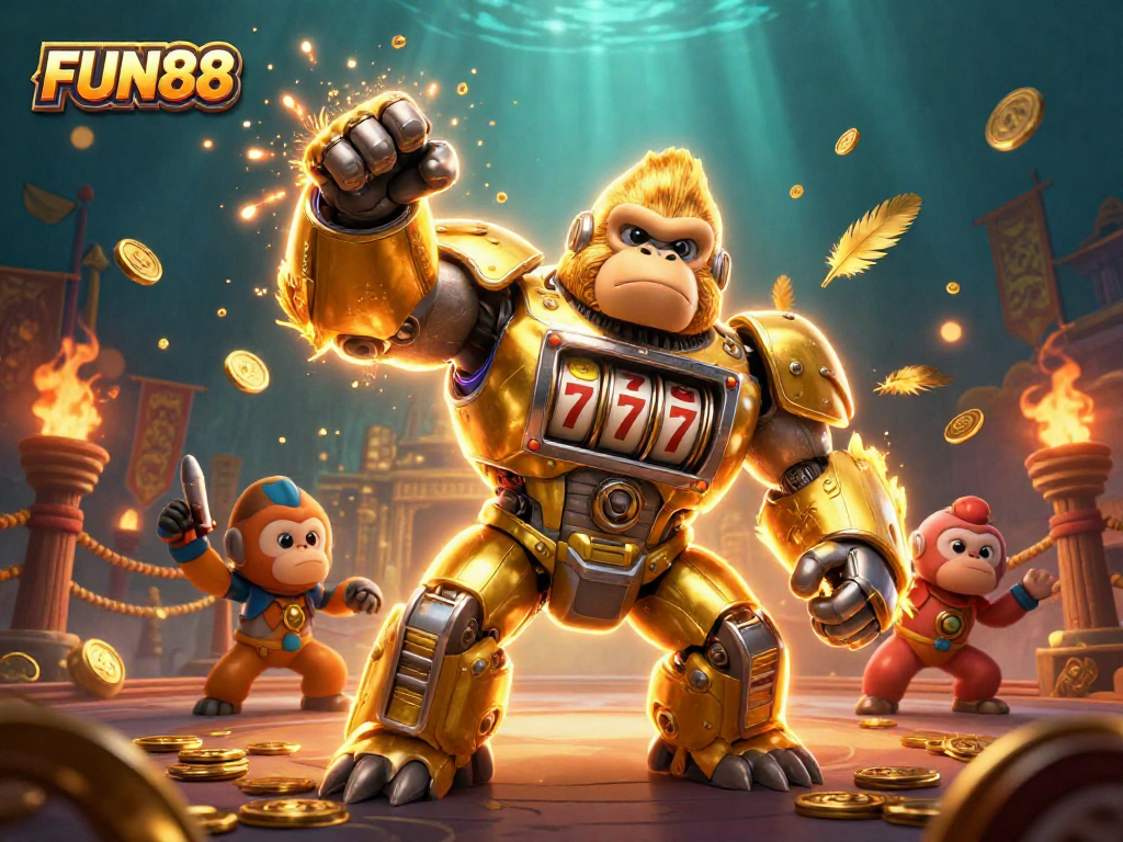 Experience FUN88 with an epic 3D gorilla mech surrounded by casino-themed elements.