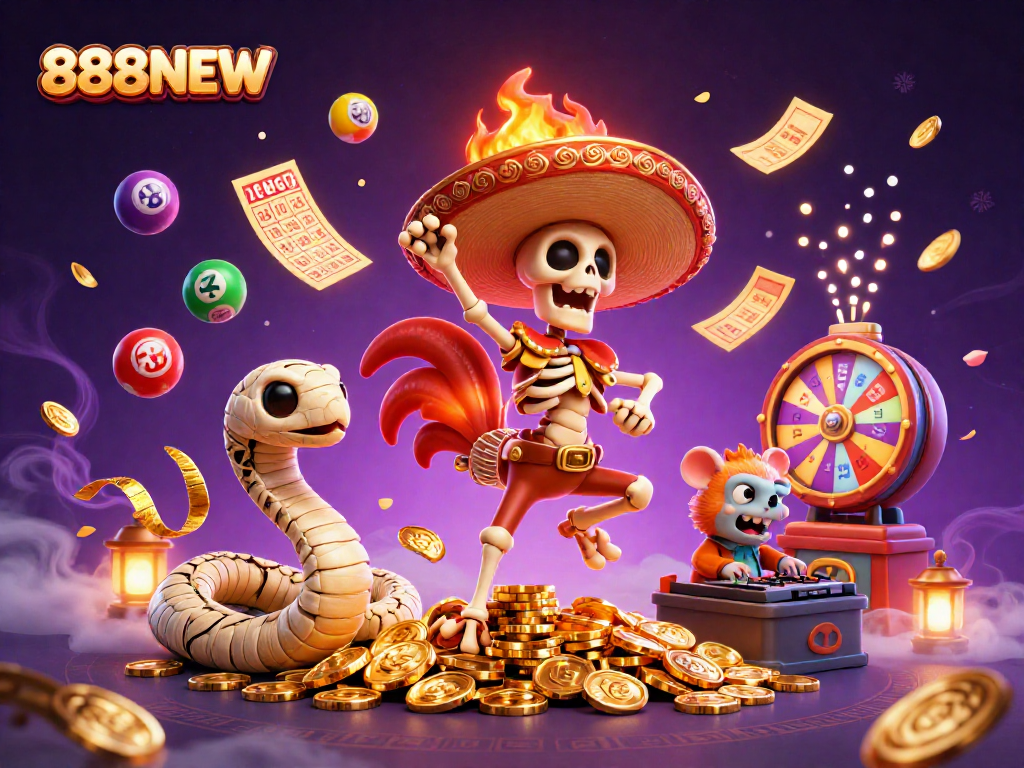 Win big with 888NEW at this vibrant illustration featuring a lively 3D casino scene.