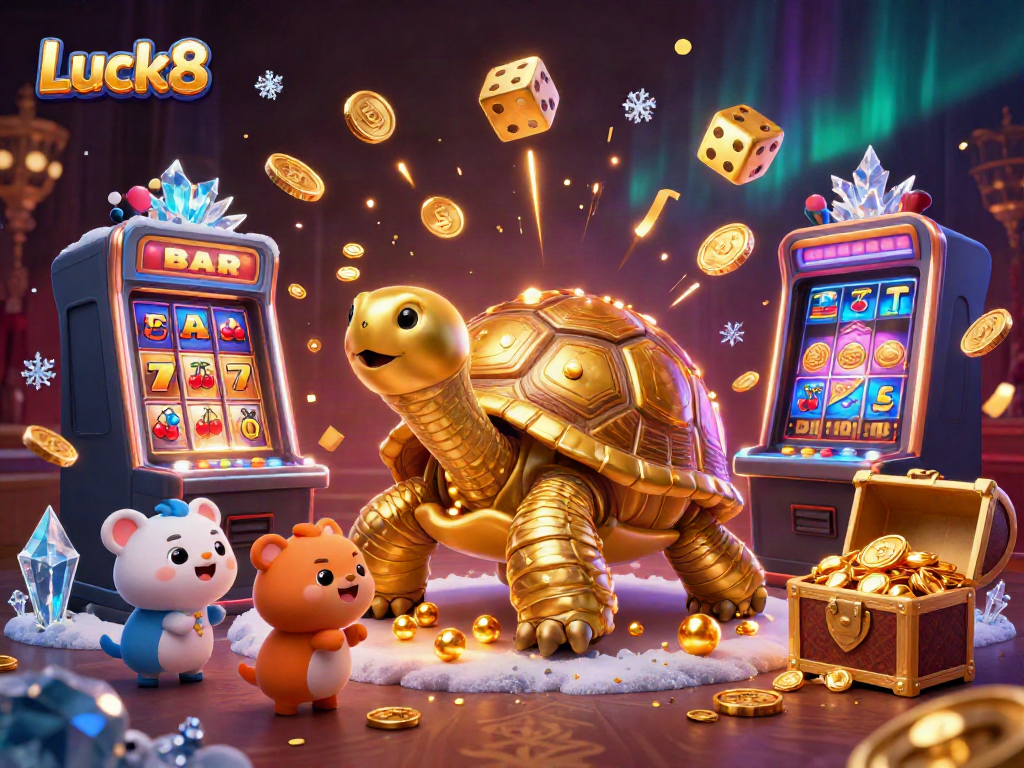Experience the thrilling Luck8 gaming world with a colorful explosion of slot machines and a whimsical tortoise pinball!