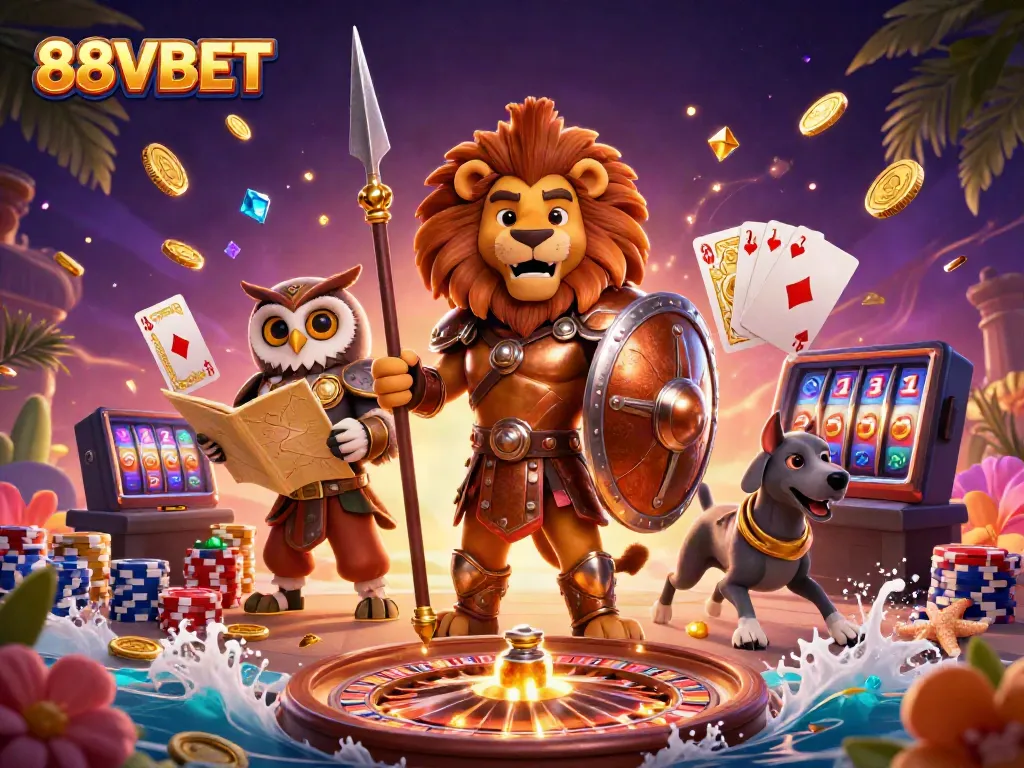 Play at 88VBET and experience thrilling games with a dynamic illustration featuring iconic gambling elements.