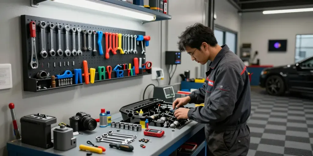 Mechanic using KS tools in a garage workspace for car maintenance.