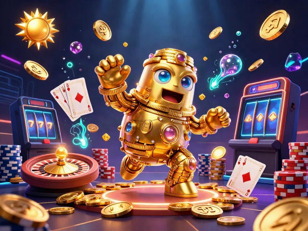 Win big with the sun-themed golden golem in a vibrant casino scene filled with dynamic game elements.