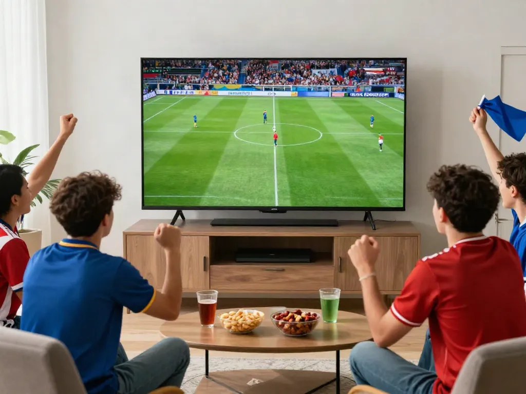 Xoilactv viewers enjoying a live soccer match with friends in a vibrant atmosphere.