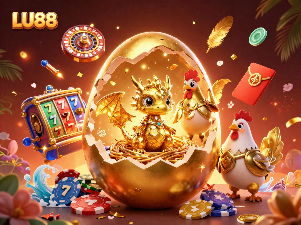 Engage with LU88's vibrant online casino experience featuring golden dragon and slot reels.